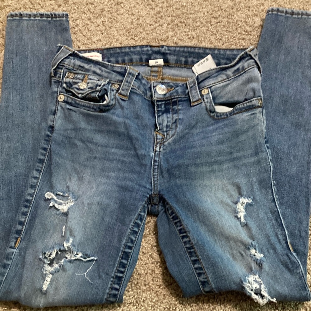 True Religion Blue Skinny Jeans with Distressed Detailing